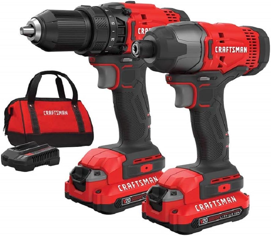 CRAFTSMAN Kit Taladro Inalámbrico y Atornillador de Impacto, 20V, Incluye 2 Baterías y Bolsa de Herramientas, CMCK200C2