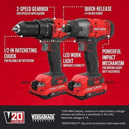 CRAFTSMAN Kit Taladro Inalámbrico y Atornillador de Impacto, 20V, Incluye 2 Baterías y Bolsa de Herramientas, CMCK200C2
