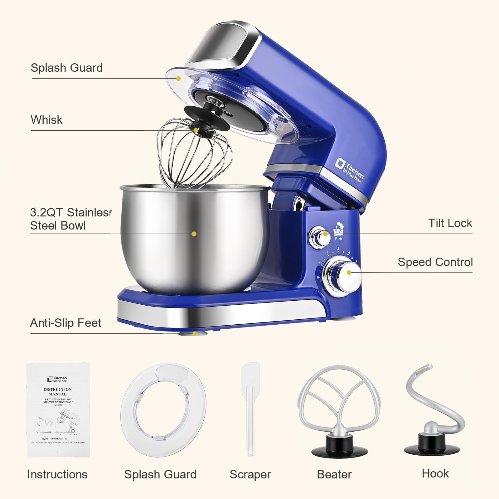 Mezclador de pie de cocina en caja, mini mezclador eléctrico de alimentos de 3 litros, mezclador de cocina portátil ligero de 6 velocidades para uso diario con batidor de huevo, gancho de masa