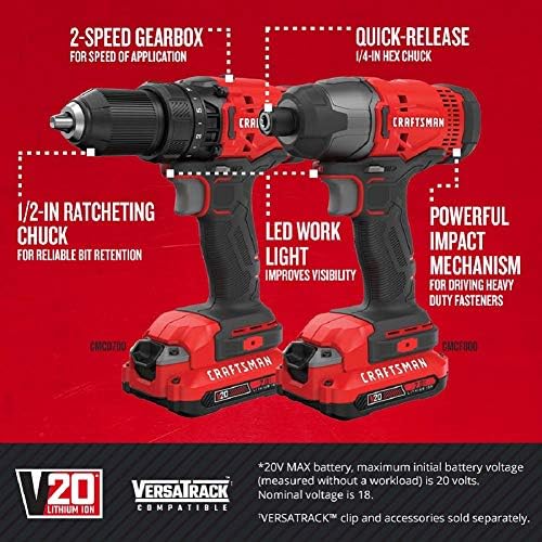 CRAFTSMAN Kit Taladro Inalámbrico y Atornillador de Impacto, 20V, Incluye 2 Baterías y Bolsa de Herramientas, CMCK200C2