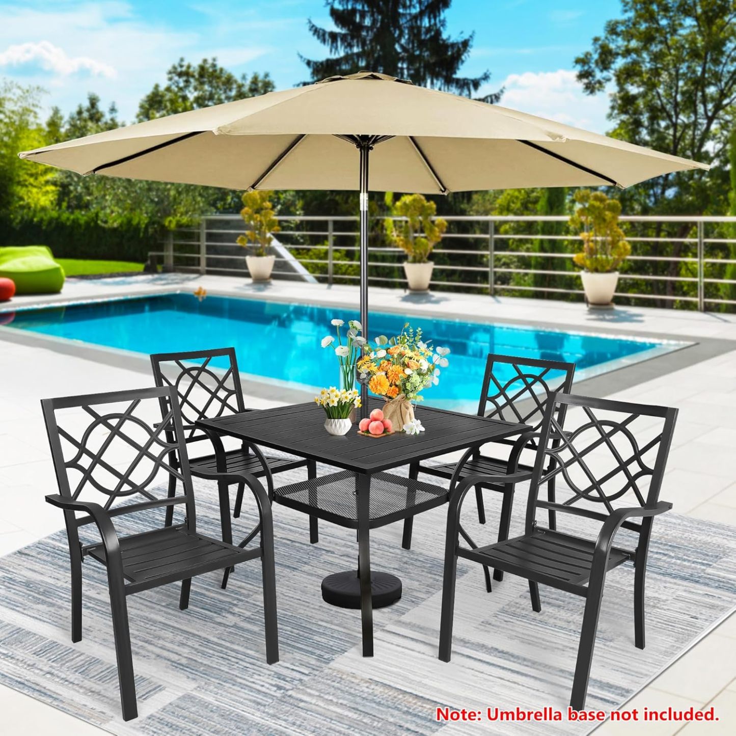 Incbruce - Juego de comedor de hierro forjado para exteriores de 5 piezas con paraguas café, juego de muebles de patio (4 sillas y 1 mesa cuadrada con orificio para paraguas de 1.5 pulgadas) - Mesa de