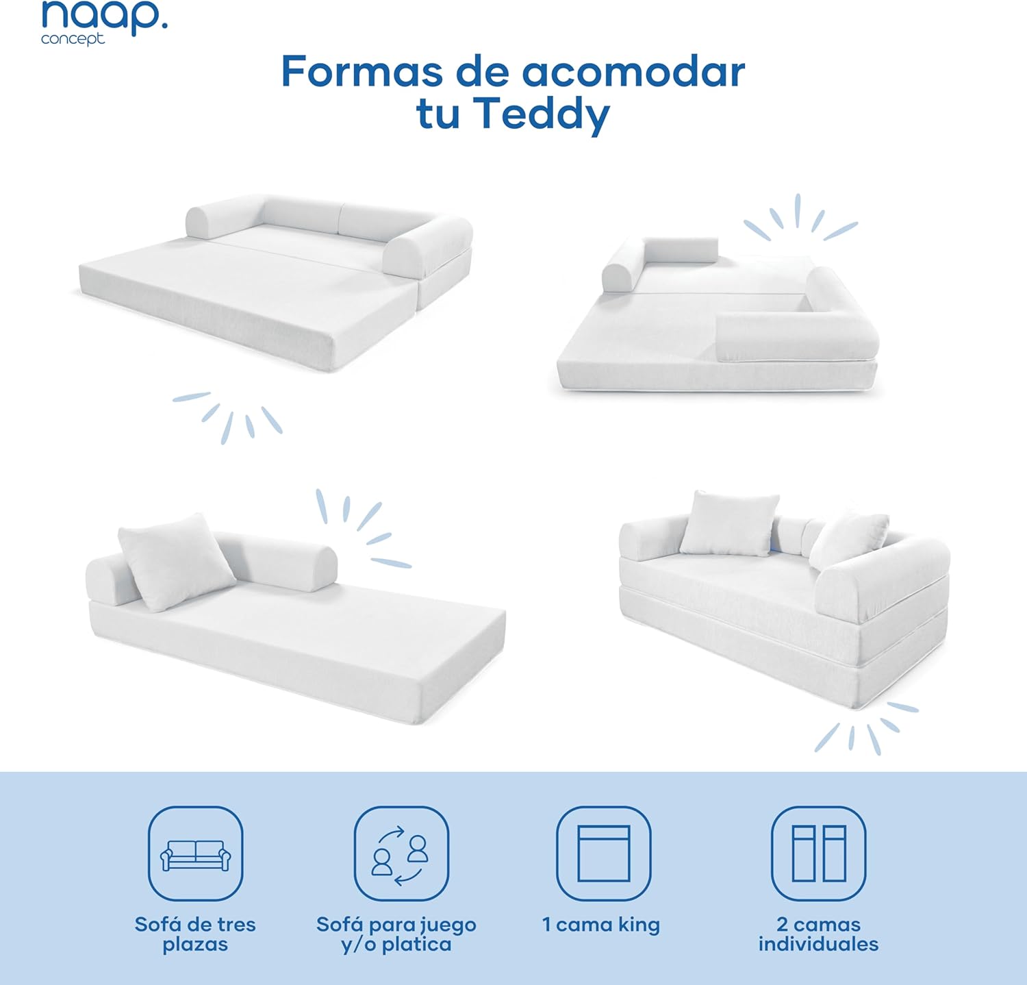 Naap Concept Sofá Cama Teddy Chenille | Diseño Convertible | Hecho 100% de Espuma | Comodidad y Versatilidad | 200x100x65 cm (Oxford)