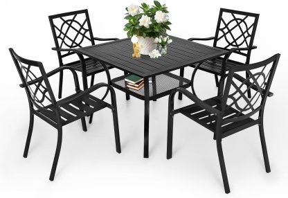 Incbruce - Juego de comedor de hierro forjado para exteriores de 5 piezas con paraguas café, juego de muebles de patio (4 sillas y 1 mesa cuadrada con orificio para paraguas de 1.5 pulgadas) - Mesa de