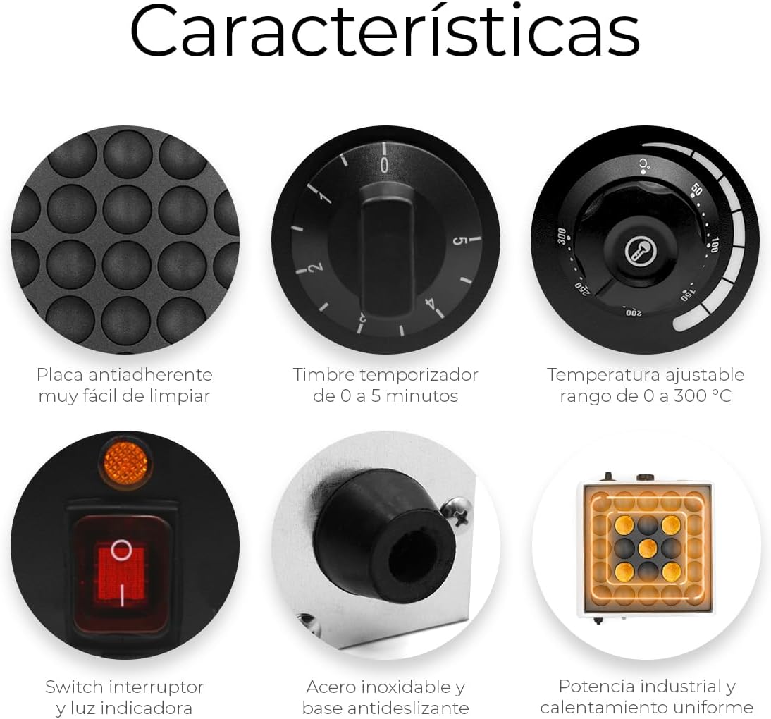 Raganet, Maquina Industrial para 25 Mini Hot Cakes, Panqueques y Muffins, 900 Watts de Potencia, Perilla de Control de Temperatura y Temporizador