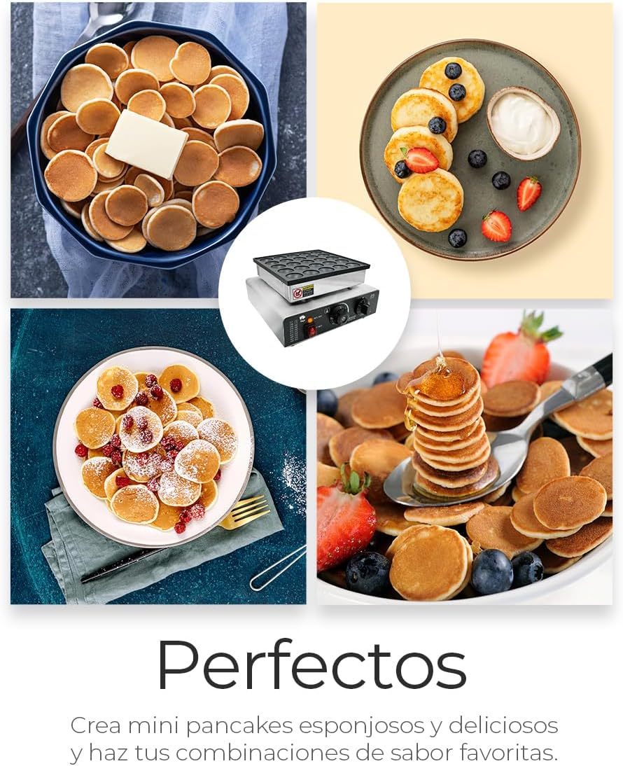 Raganet, Maquina Industrial para 25 Mini Hot Cakes, Panqueques y Muffins, 900 Watts de Potencia, Perilla de Control de Temperatura y Temporizador