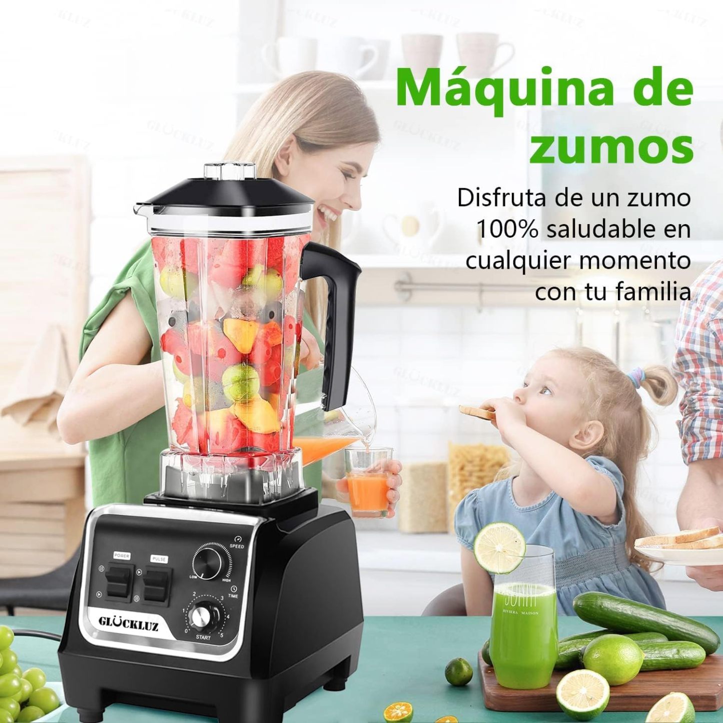 Glückluz Licuadora Profesional Uso Rudo 1800W 2L+Adicional 800ml, Doméstico Comercial Industrial Batidora de Verduras Extractor de Velocidad Ajustable y Hielo Picado a Fondo Extractora