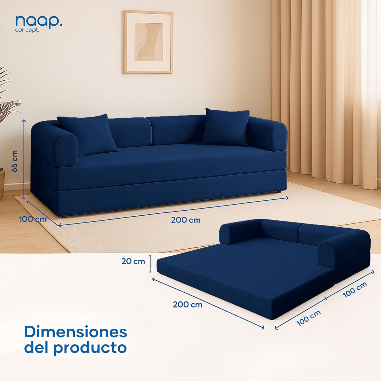 Naap Concept Sofá Cama Teddy Chenille | Diseño Convertible | Hecho 100% de Espuma | Comodidad y Versatilidad | 200x100x65 cm (Oxford)