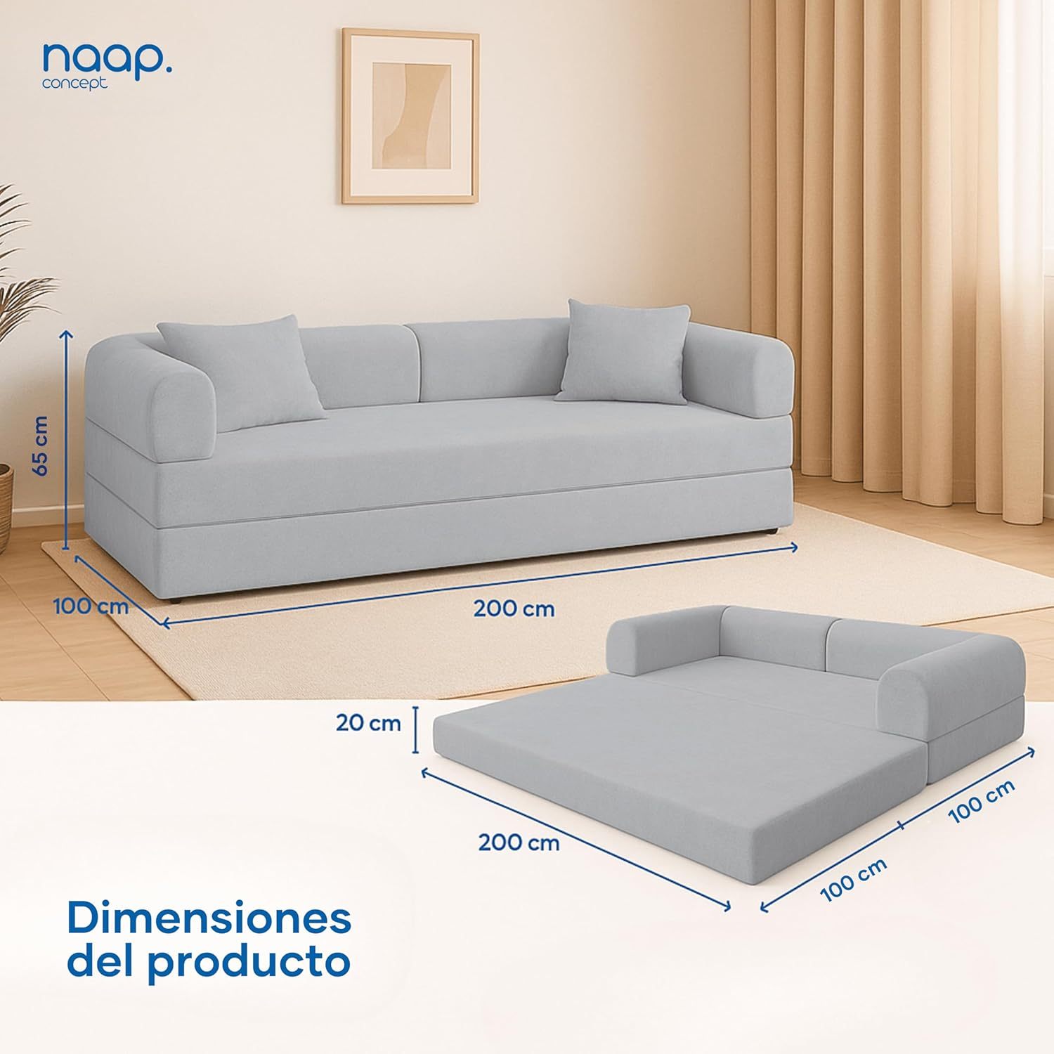 Naap Concept Sofá Cama Teddy Chenille | Diseño Convertible | Hecho 100% de Espuma | Comodidad y Versatilidad | 200x100x65 cm (Oxford)