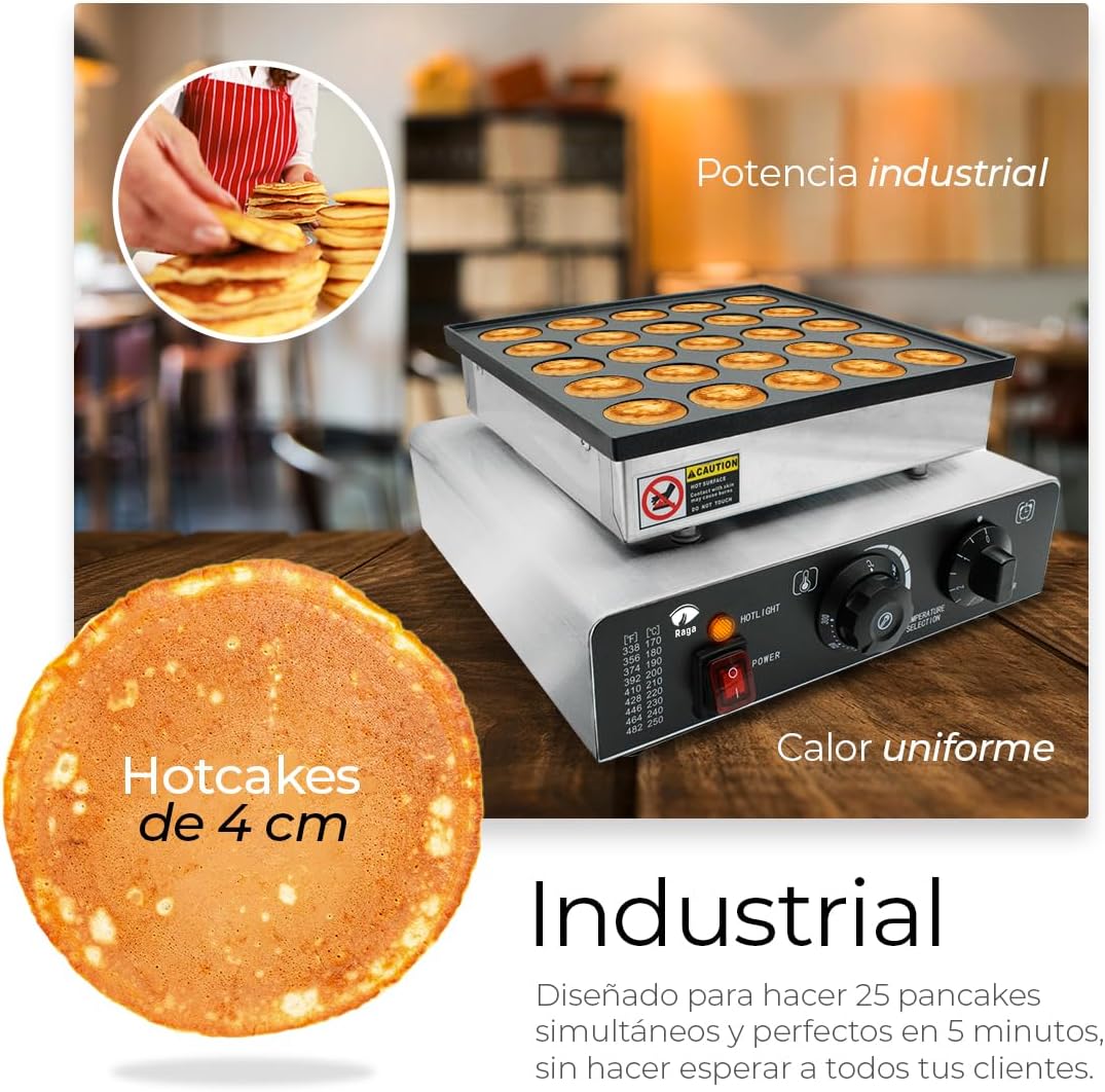 Raganet, Maquina Industrial para 25 Mini Hot Cakes, Panqueques y Muffins, 900 Watts de Potencia, Perilla de Control de Temperatura y Temporizador