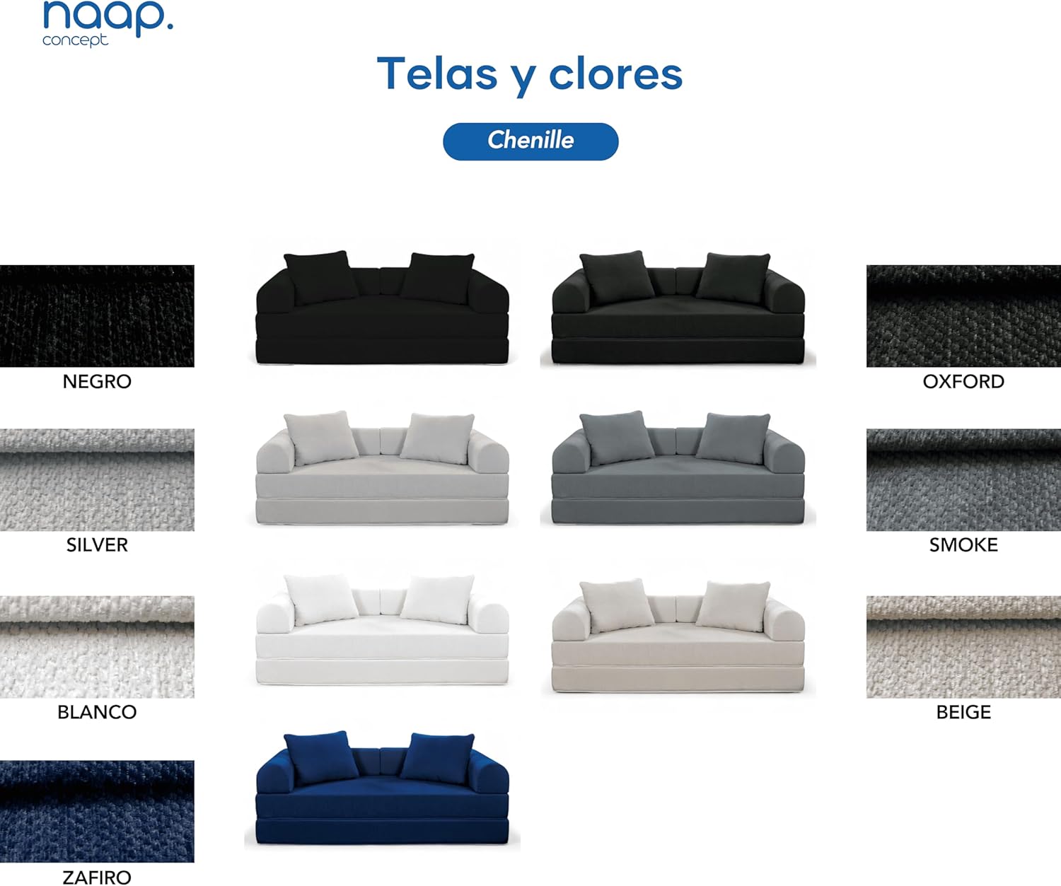 Naap Concept Sofá Cama Teddy Chenille | Diseño Convertible | Hecho 100% de Espuma | Comodidad y Versatilidad | 200x100x65 cm (Oxford)