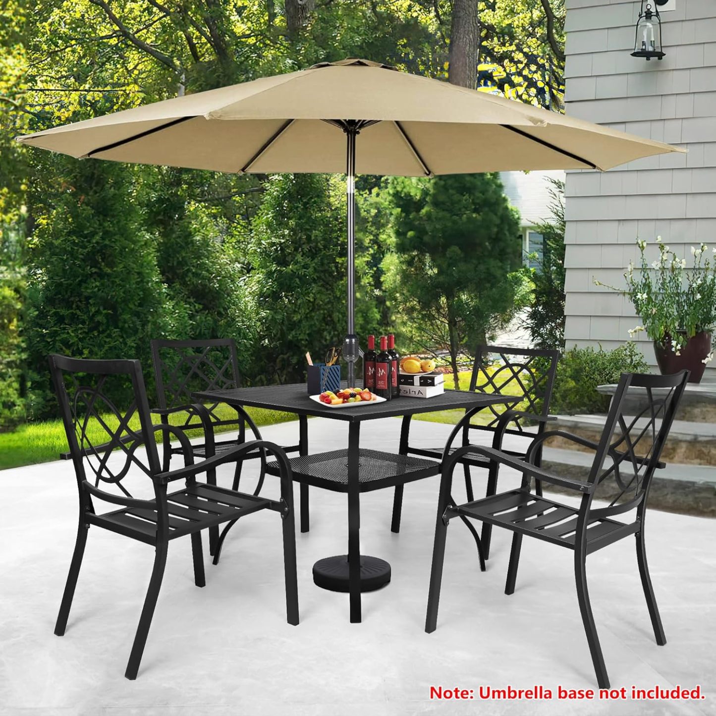 Incbruce - Juego de comedor de hierro forjado para exteriores de 5 piezas con paraguas café, juego de muebles de patio (4 sillas y 1 mesa cuadrada con orificio para paraguas de 1.5 pulgadas) - Mesa de