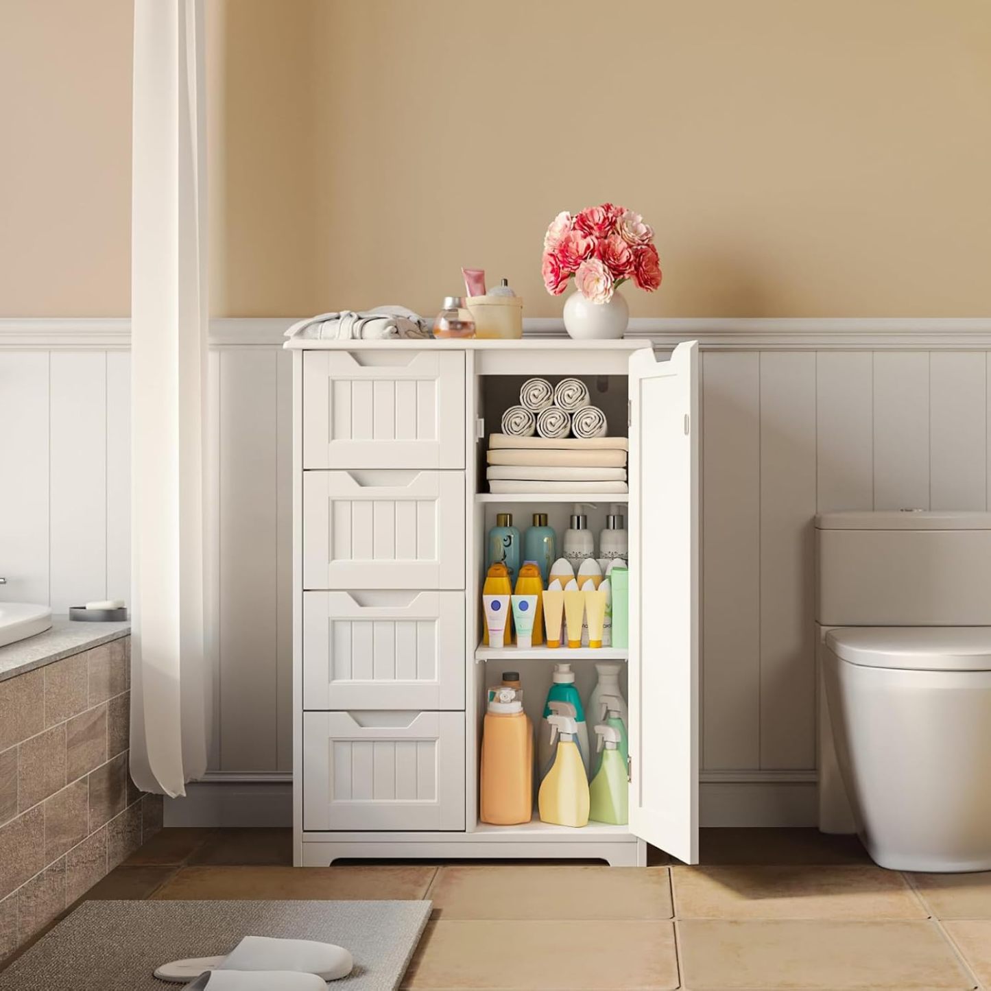 Armario de almacenamiento de despensa de cocina de 33 pulgadas con puerta y estantes, armario pequeño de despensa de alimentos, armario de almacenamiento de baño de madera independiente