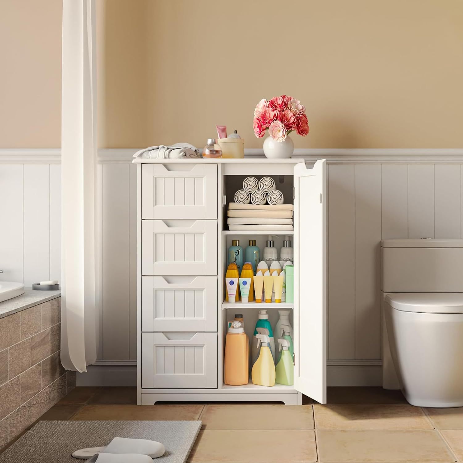 Armario de almacenamiento de despensa de cocina de 33 pulgadas con puerta y estantes, armario pequeño de despensa de alimentos, armario de almacenamiento de baño de madera independiente