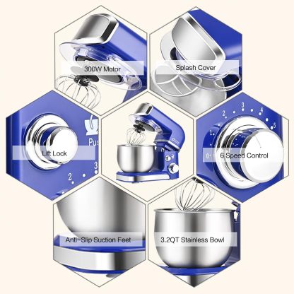 Mezclador de pie de cocina en caja, mini mezclador eléctrico de alimentos de 3 litros, mezclador de cocina portátil ligero de 6 velocidades para uso diario con batidor de huevo, gancho de masa