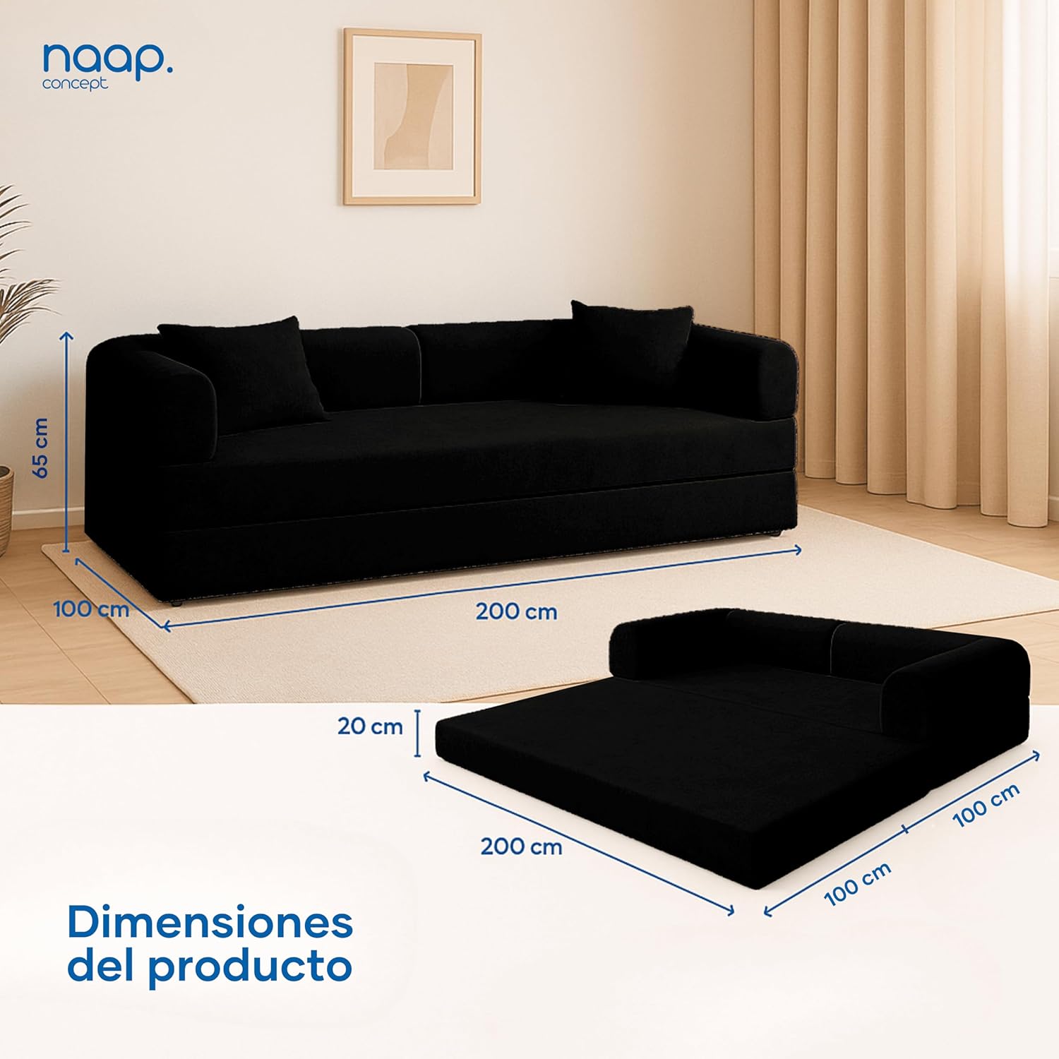 Naap Concept Sofá Cama Teddy Chenille | Diseño Convertible | Hecho 100% de Espuma | Comodidad y Versatilidad | 200x100x65 cm (Oxford)
