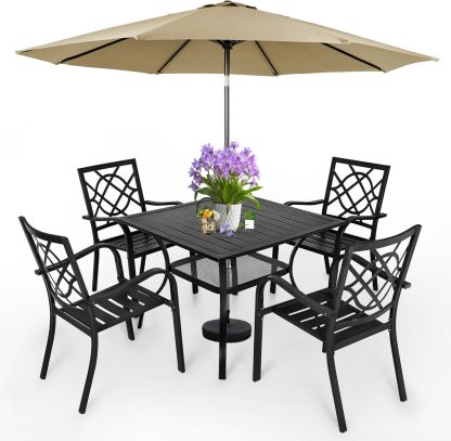 Incbruce - Juego de comedor de hierro forjado para exteriores de 5 piezas con paraguas café, juego de muebles de patio (4 sillas y 1 mesa cuadrada con orificio para paraguas de 1.5 pulgadas) - Mesa de