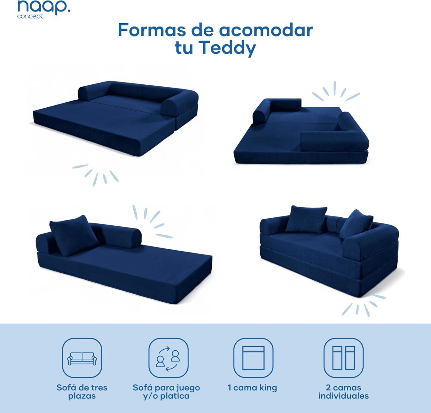Naap Concept Sofá Cama Teddy Chenille | Diseño Convertible | Hecho 100% de Espuma | Comodidad y Versatilidad | 200x100x65 cm (Oxford)