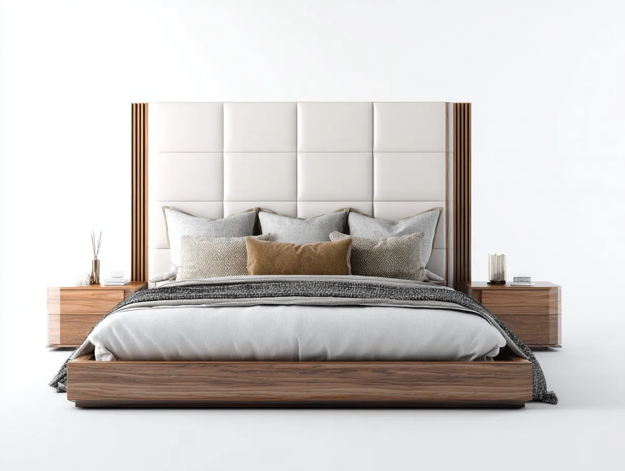 Doppelbett - Holz-Kunstleder - 218 x 198 x 122 cm - Braun-Weiß - Moderner Stil-Nookgetbay