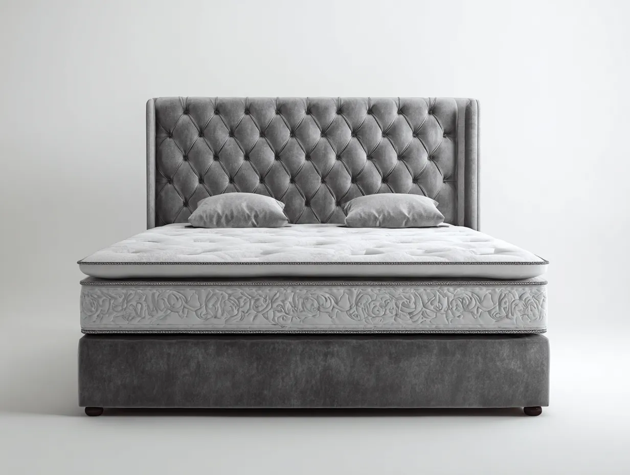 Doppelbett - Samt-Holz-Metall - 216 x 196 x 130 cm - Grau - Chesterfield-Stil-Nookgetbay