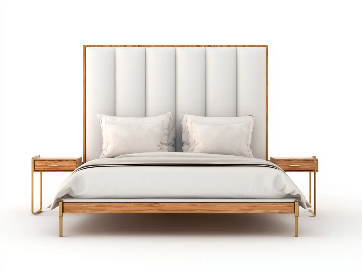 Doppelbett-Holz-Stoff-Metall-214x186x109 cm-Weiß-Naturholz-Modernes Design-Nookgetbay