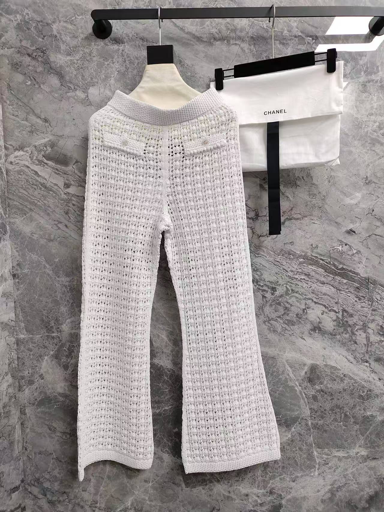 CC 26SS  Vacation style white hollow knitted pants