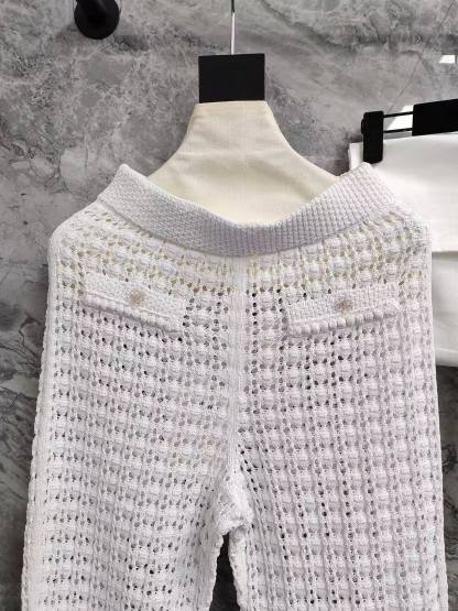 CC 26SS  Vacation style white hollow knitted pants