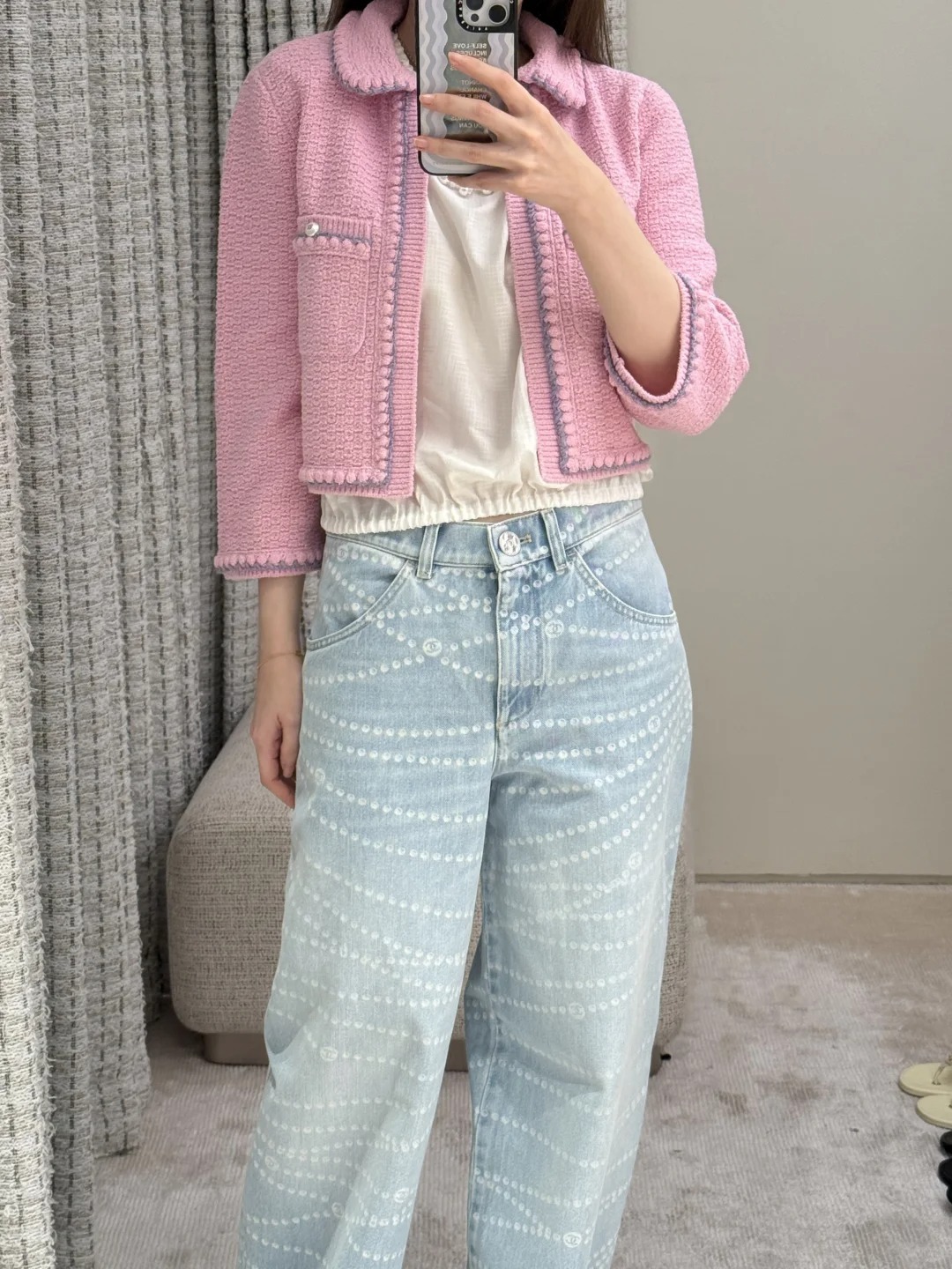 CHANE25SS Chain and Pearl Short Cardigan