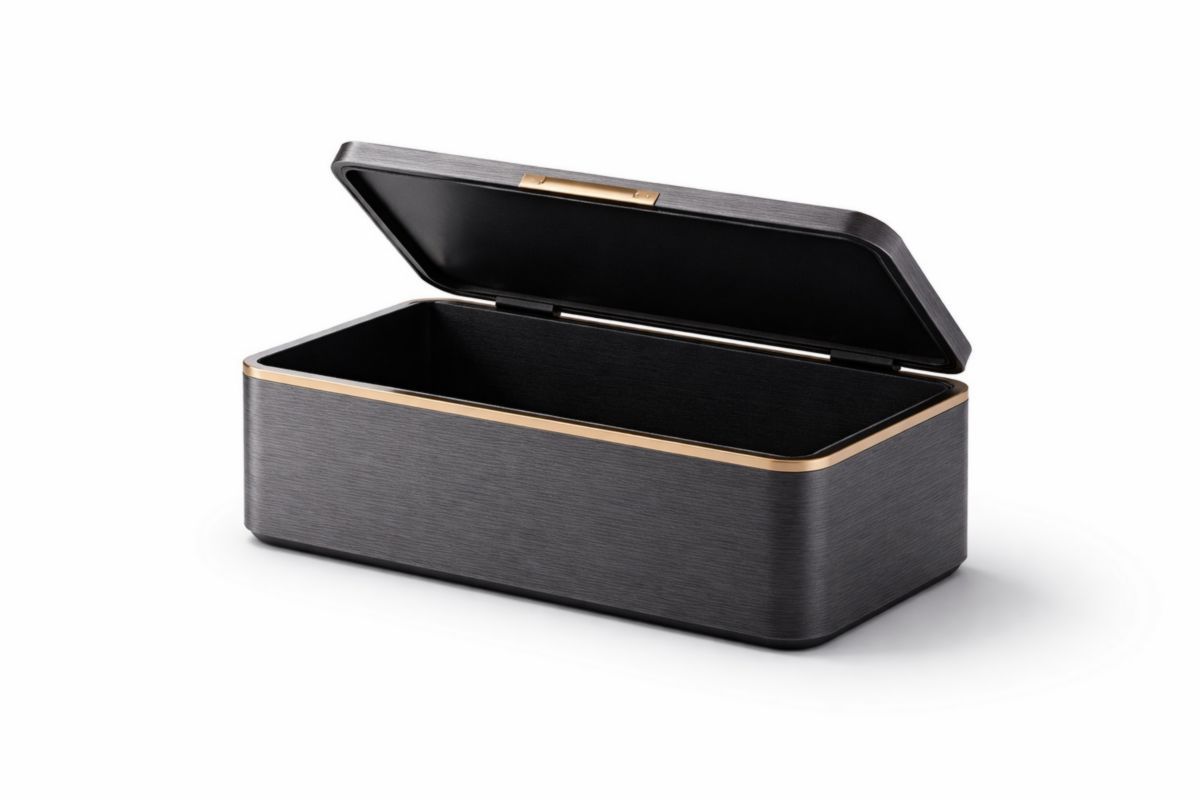 Scatola Portaoggetti Rettangolare in Metallo Nero con Dettagli Oro