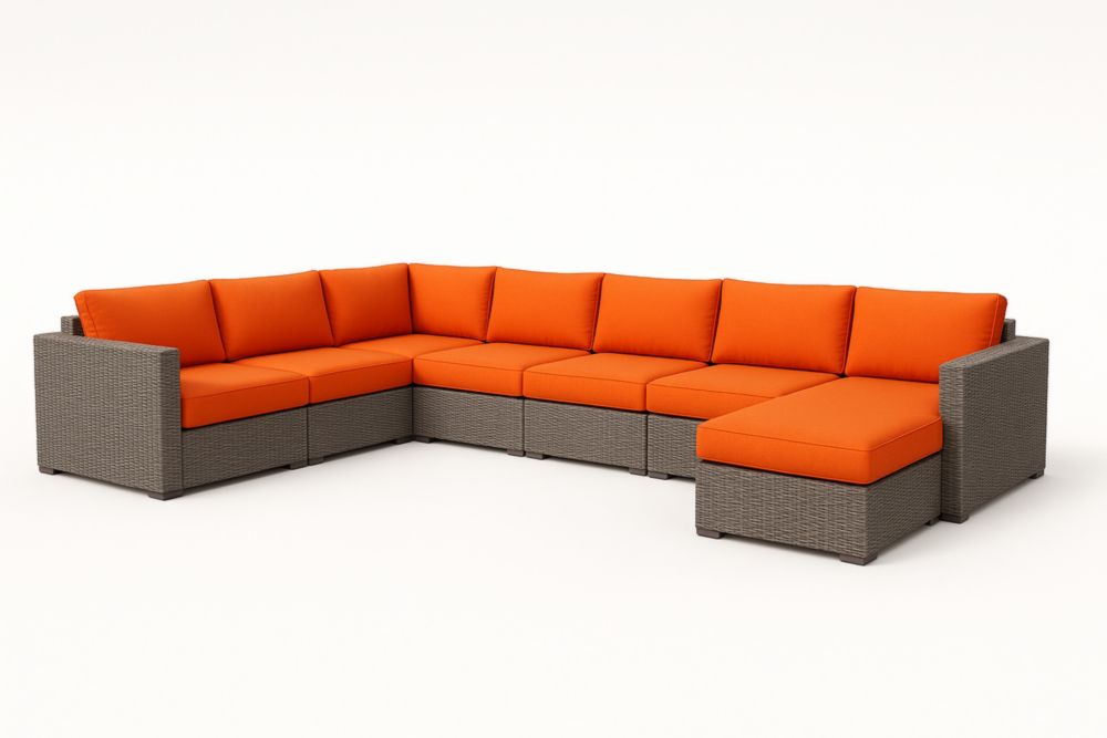 Divano ad angolo modulare in resina intrecciata con cuscini Arancioni