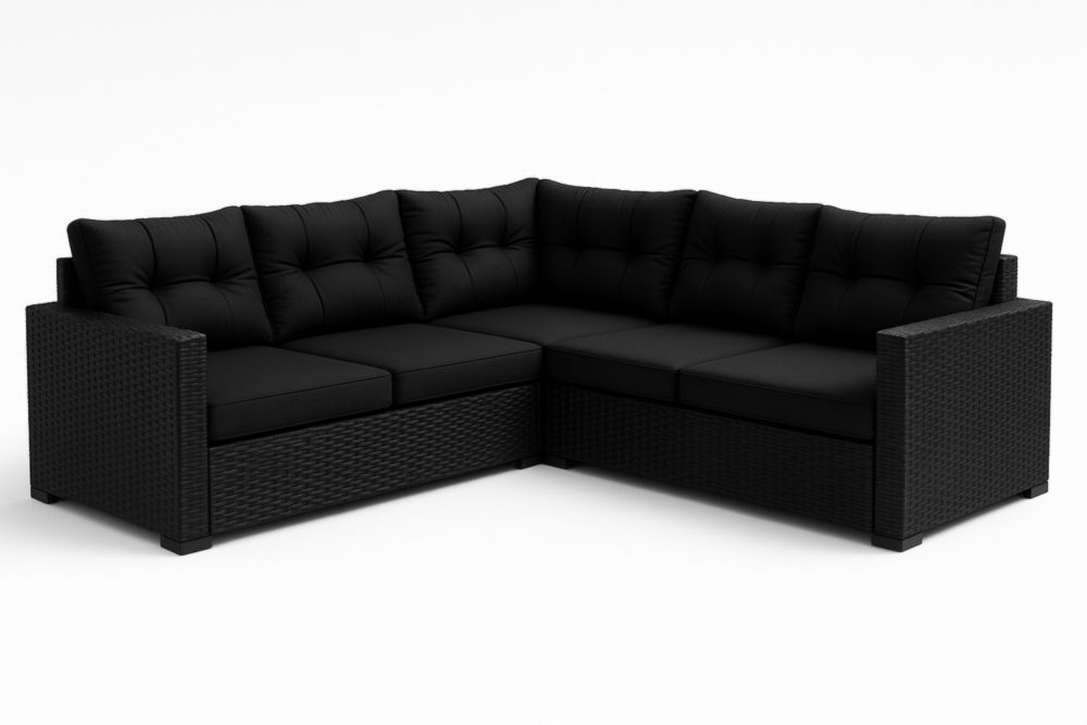 Divano ad angolo in rattan sintetico nero con cuscini imbottiti