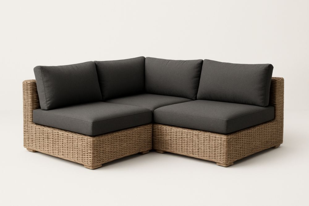 Divano ad angolo modulare in rattan con cuscini in poliestere grigi