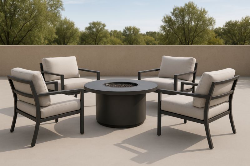 Set da Giardino con Sedie Imbottite e Tavolo da Fuoco in Alluminio, Grigio Chiaro