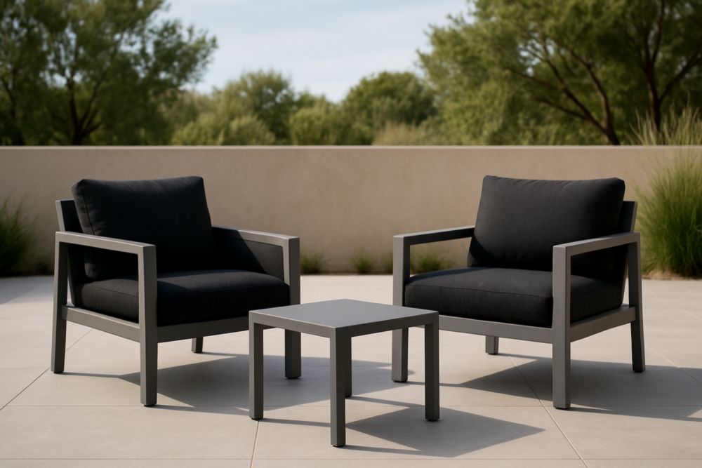 Set di mobili da giardino in alluminio e tessuto nero con poltrone e tavolino