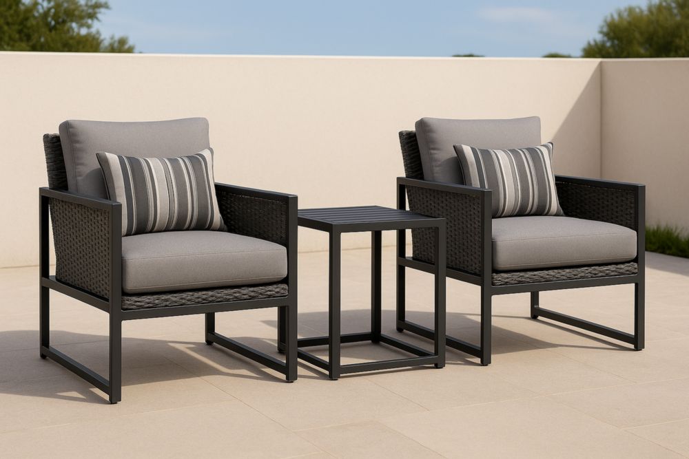 Set da giardino 3 pezzi in metallo con cuscini grigi