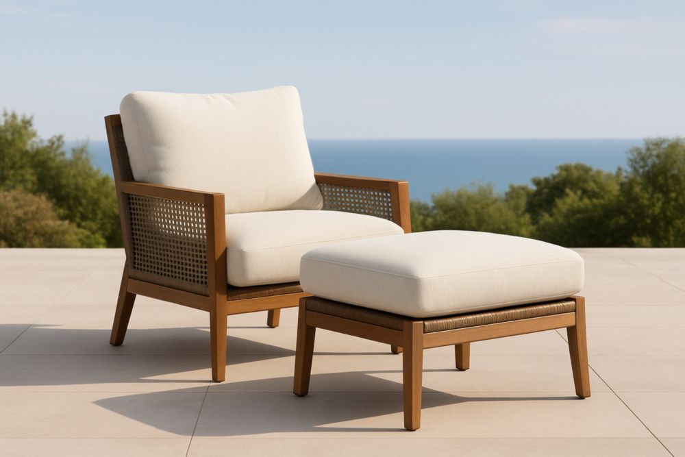 Set Poltrona e Poggiapiedi in Legno con Cuscini Bianchi