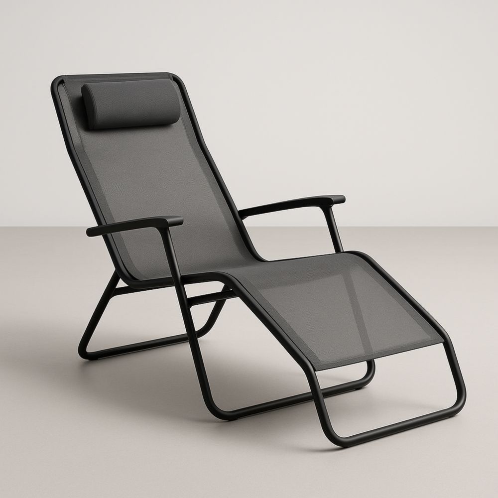 Sedia Sdraio Pieghevole in Acciaio e Tessuto a Rete Grigio