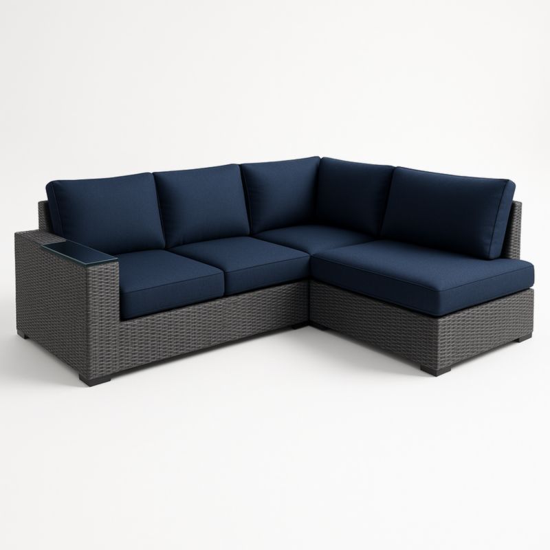 Divano modulare da esterno in rattan con cuscini blu