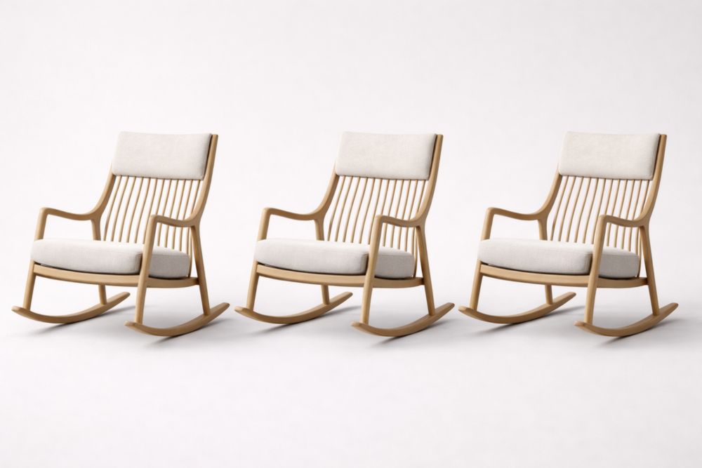 Set di 3 sedie a dondolo in legno e tessuto bianco