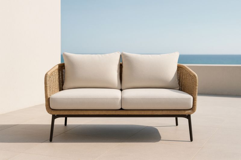 Divano 2 Posti Rattan Cuscini Rimovibili Struttura in Acciaio Beige