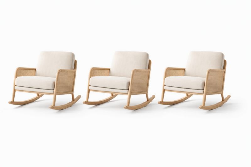 Set di 3 Sedie a Dondolo in Rattan e Tessuto Beige