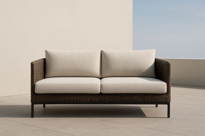 Divano due posti in rattan sintetico con cuscini in tessuto crema