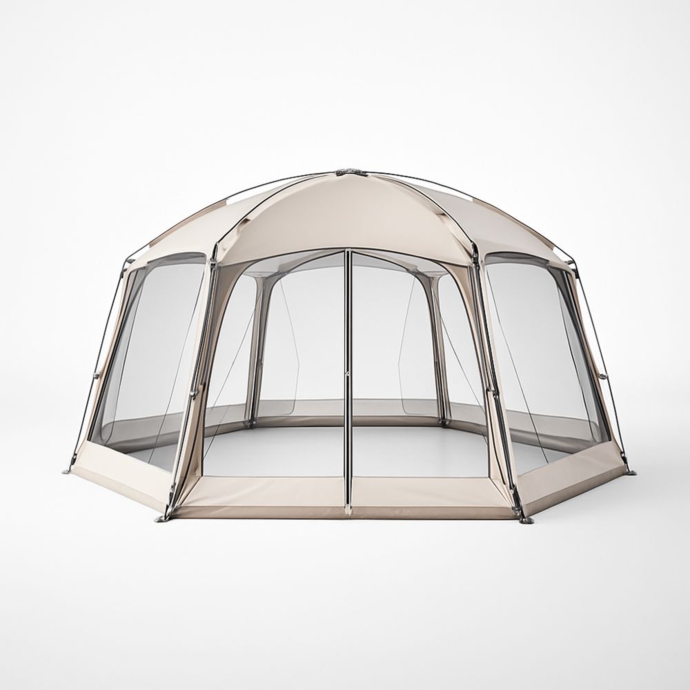 Tenda da Campeggio Ottagonale in Poliestere con Struttura in Metallo 400x400 cm Beige