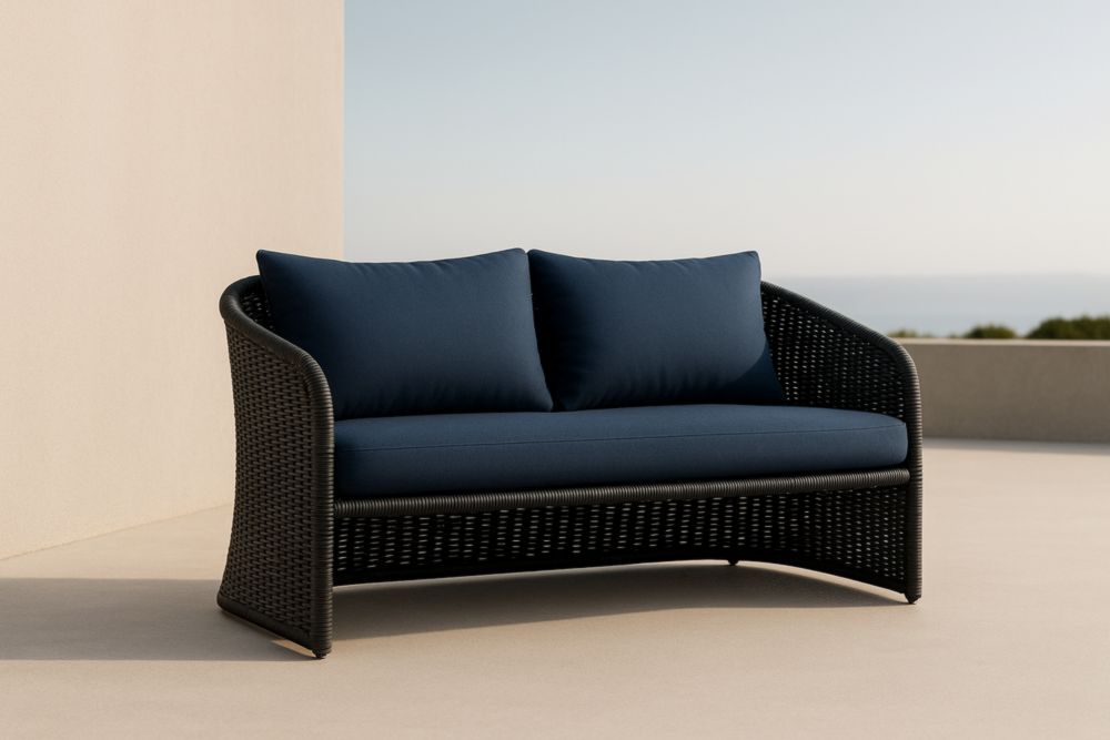 Divano due posti in rattan sintetico con cuscini in poliestere Blu