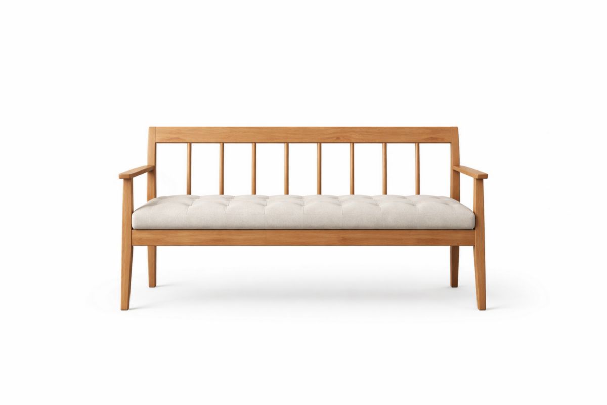 Divano in Legno Massello con Cuscino in Lino Beige