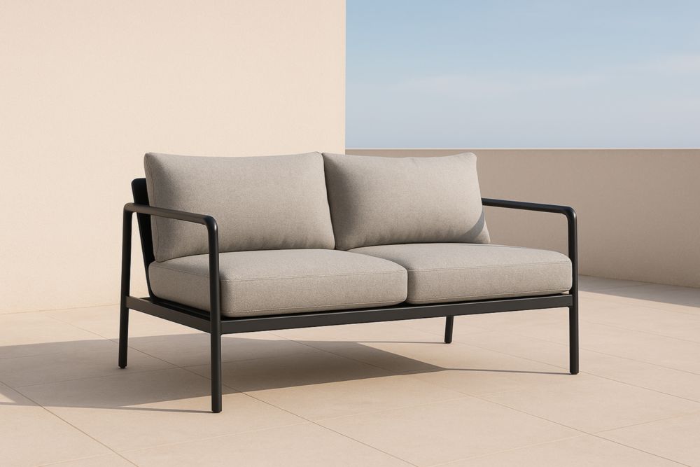 Divano a due posti in alluminio con cuscini in tessuto beige