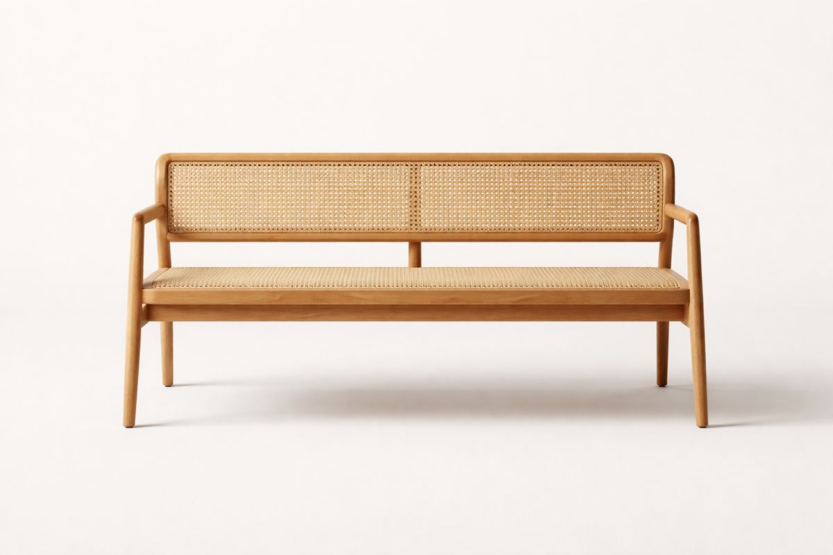 Panchina in Legno con Seduta e Schienale in Rattan, 160 cm