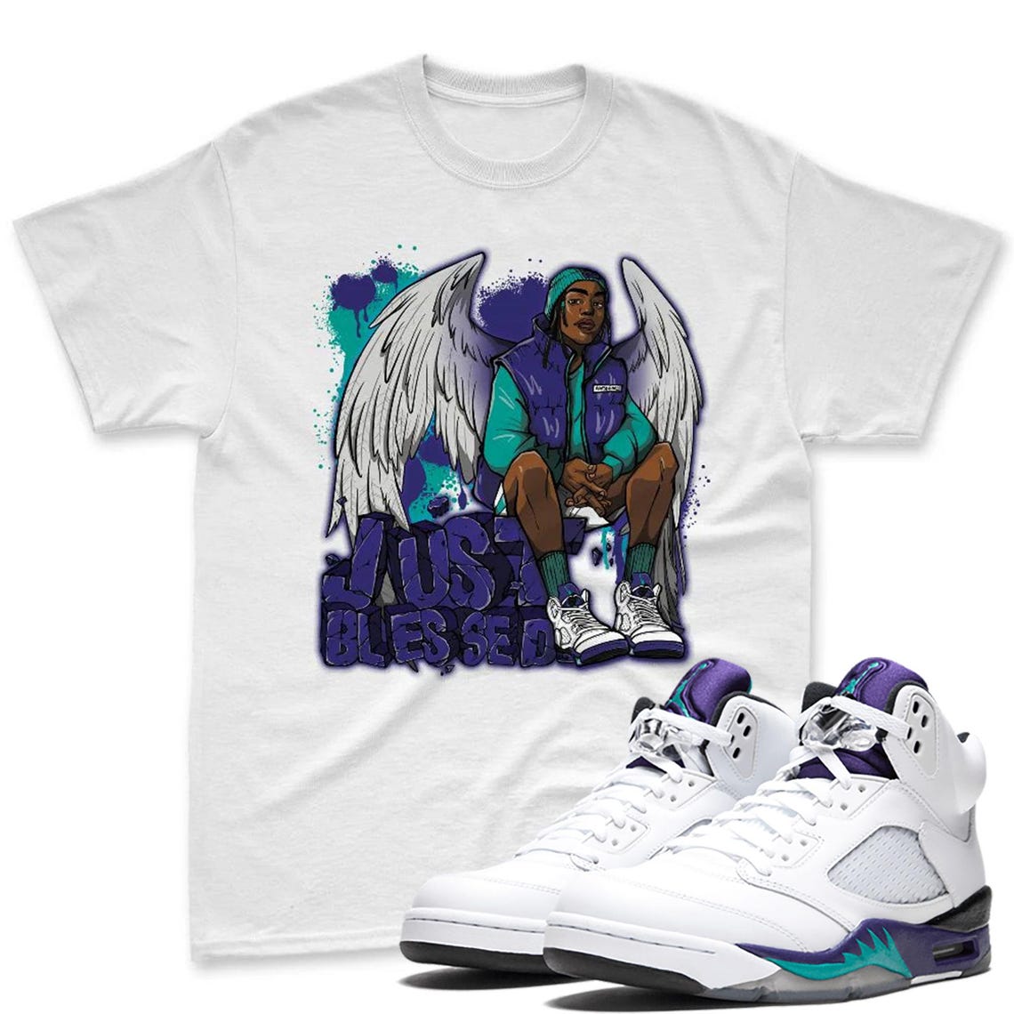 Just Blessed Purple White Color Shirt To Match AJ 5 Grape Black White Sneaker