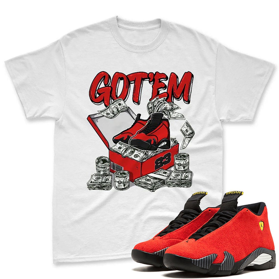 Dollar Sneaker Box T-Shirt Matching Jordan 14 Ferrari - Sneaker Jordan 14 Challenge Red Sneaker Matching Shirt