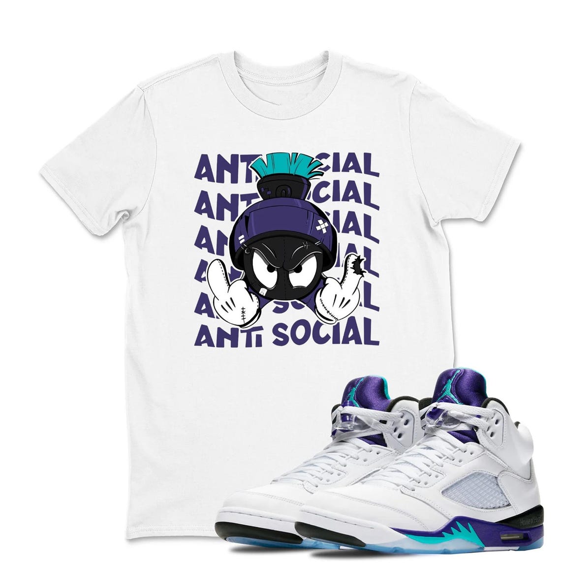 Anti Social! Shirt To Match AJ 5 Grape Black White Sneaker - Jordan 5 Purple White Color Sneaker Matching Tee
