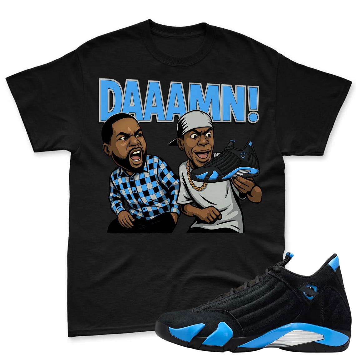 DAAAMN! Shirt To Match Air Jordan 14 Black and University Blue - Jordan 14 Retro Blue Black Match Shirt